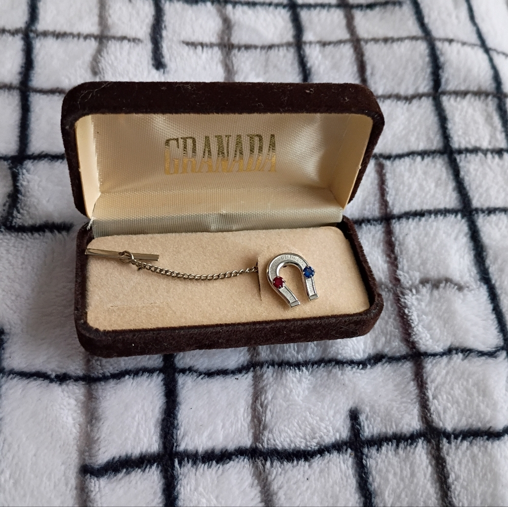 Granada Silver Horseshoe Tie Tack Or Lapel Pin with Red and Blue Stones